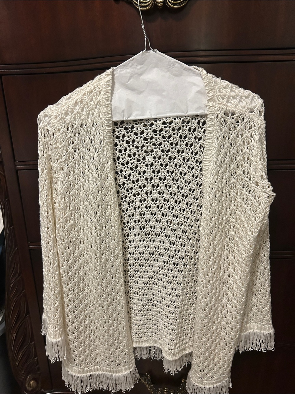 Peck & Peck Cream Open-Weave Crochet Fringe Cardigan